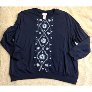Alfred Dunner Top Sweeter Women Sz 3X Blue Long Sleeve Embroidered Beaded Knit